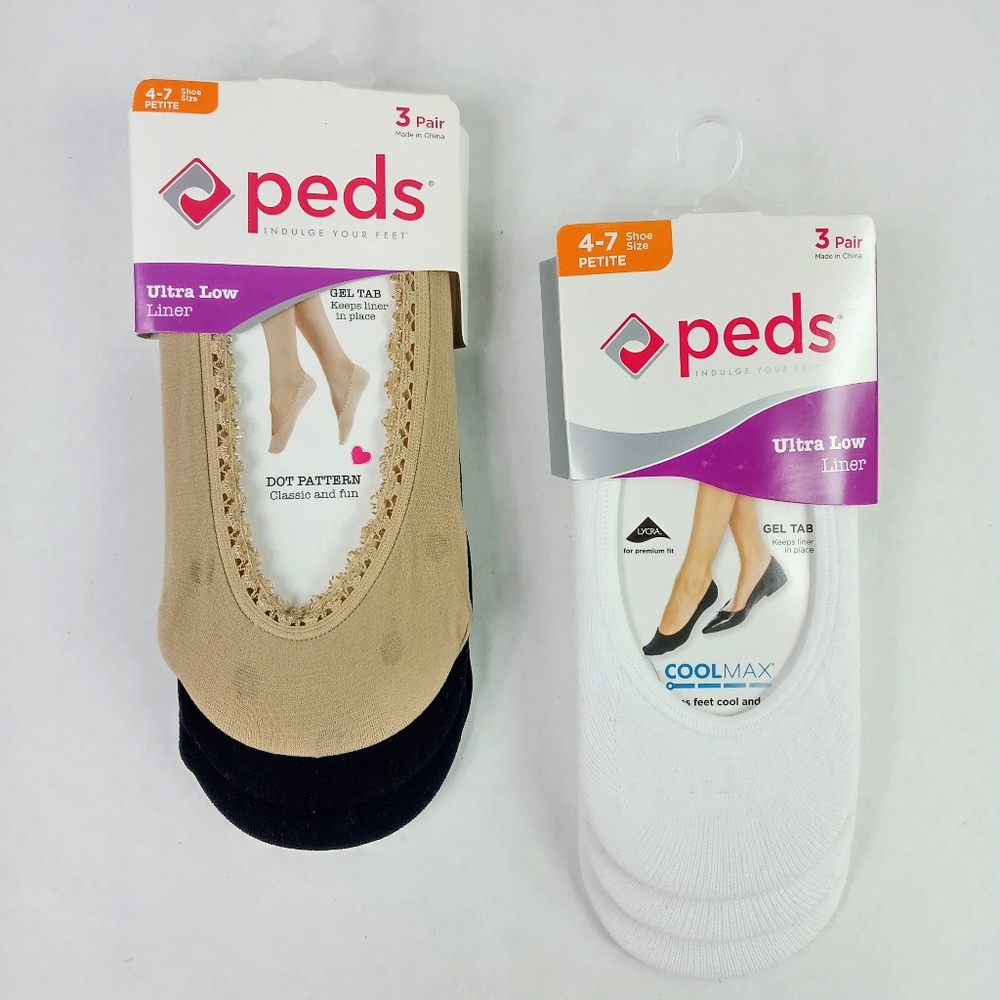 Peds 6 Pair Ultra Low Liner Socks CoolMax & Dot Pattern